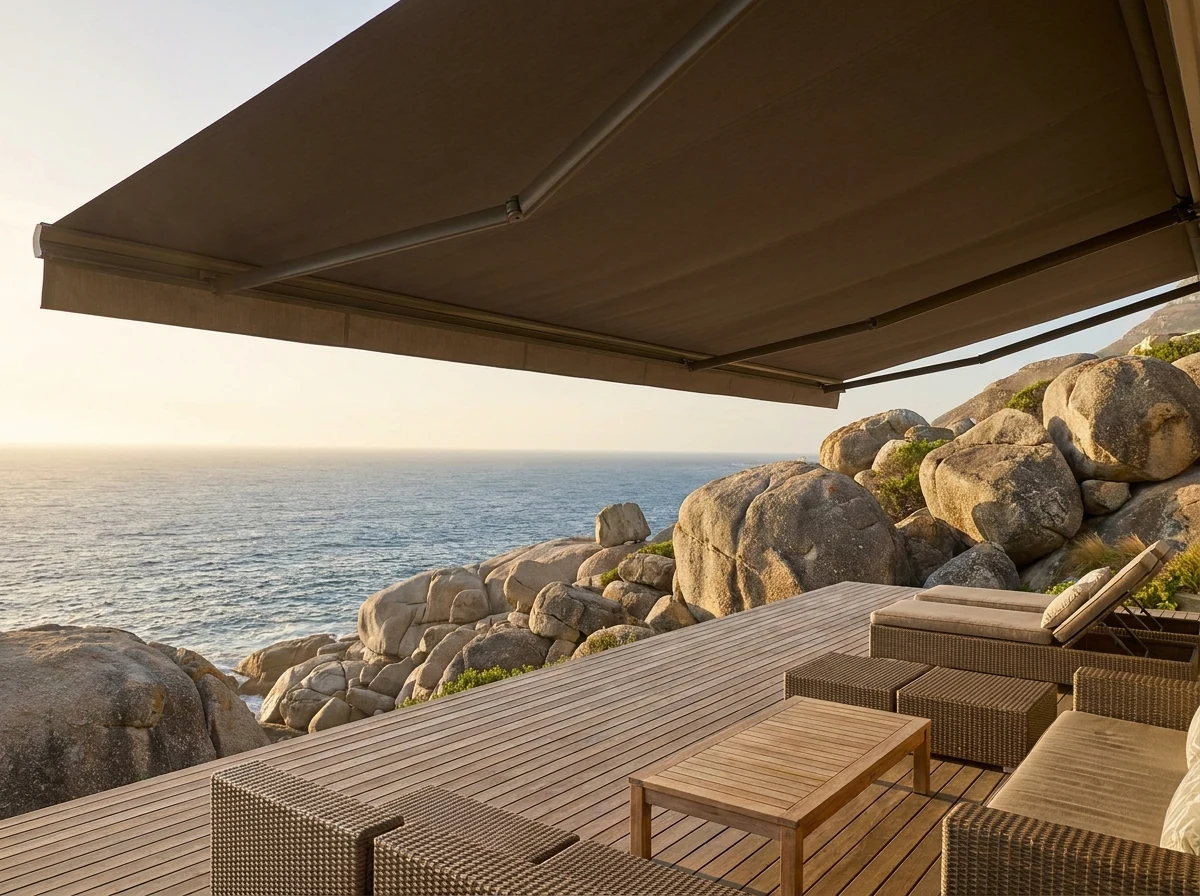 Folding-arm awning cantilevered over a timber deck at a Llandudno home, its shade falling across the loungers above the boulder shoreline