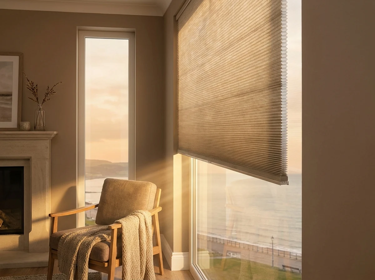 Cellular honeycomb blind lowered over a west-facing window in a Llandudno living room, its pleated cell profile catching the late sun