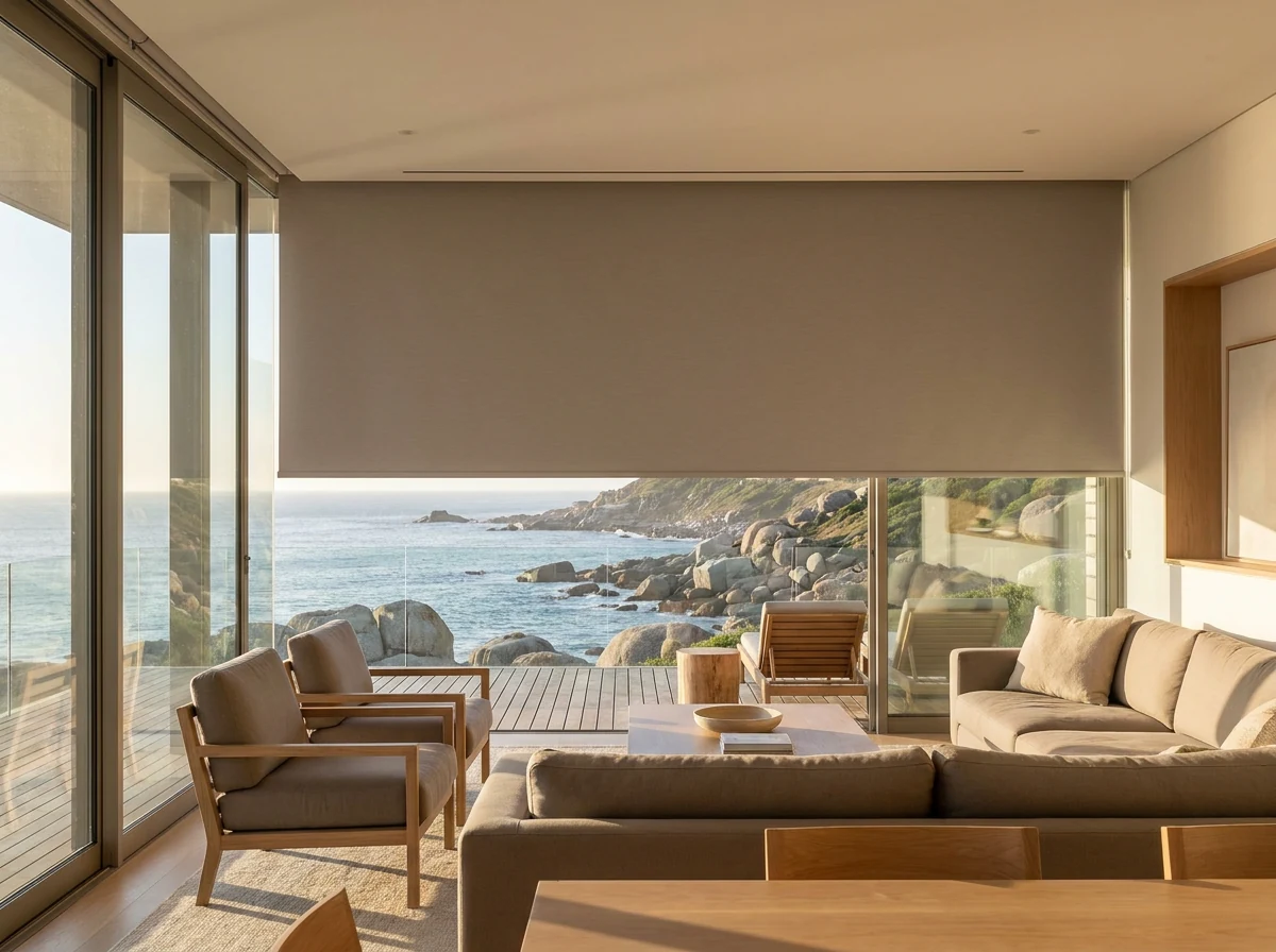 Concealed roller dropping out of a slim ceiling recess in a glass-walled Llandudno lounge, deck and rocky point below