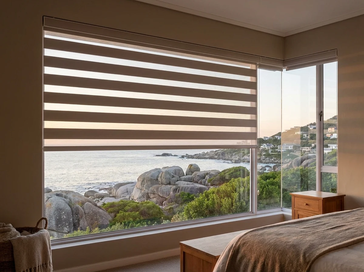 Day-night blind with its sheer and solid bands aligned over a Llandudno bedroom window, boulders and the bay filling the lower half of the glass