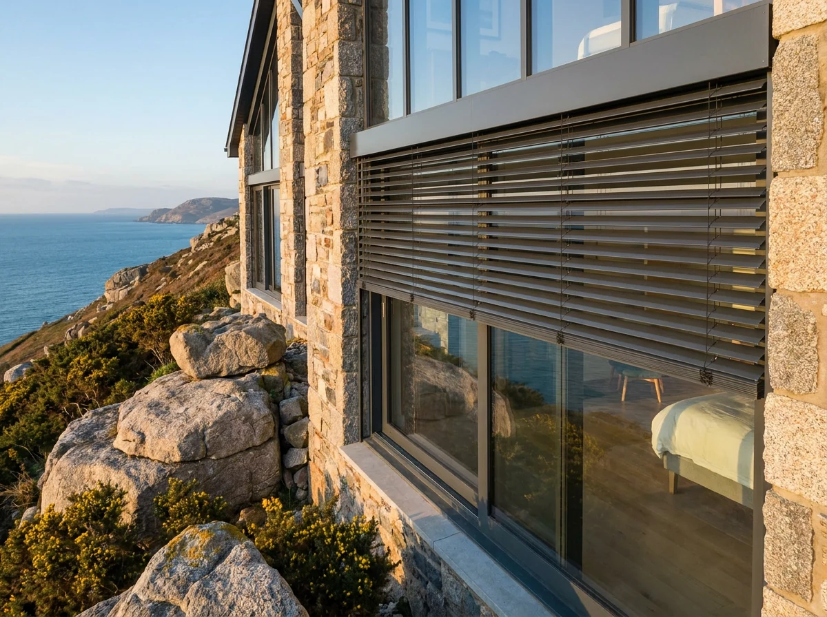 External aluminium venetians fixed outside the bedroom glazing of a stone Llandudno facade, granite outcrops dropping to the sea below