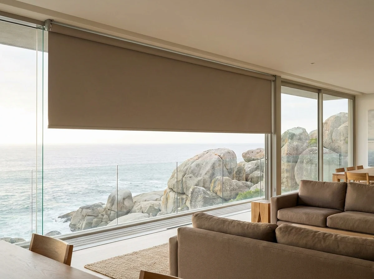 Motorised roller blind stopped mid-travel across the frameless glass of a Llandudno lounge, swell and boulders filling the lower opening