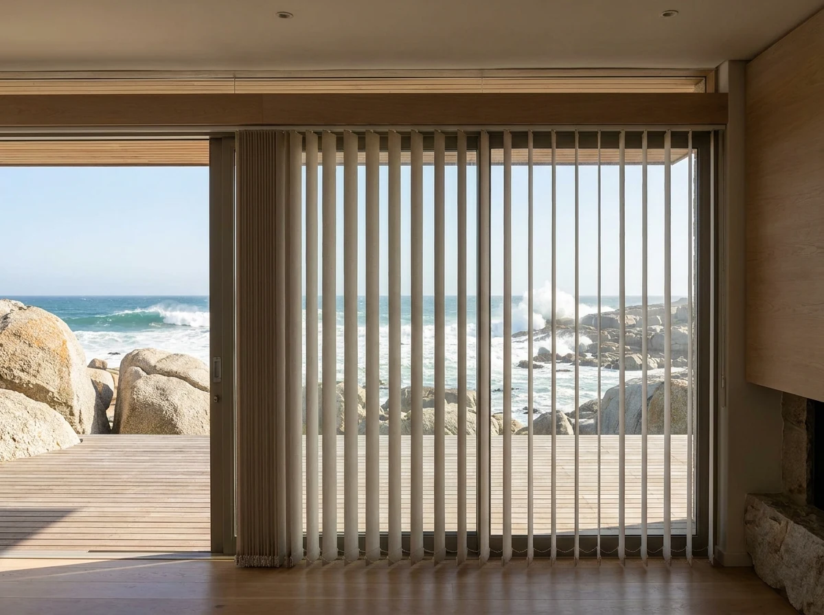Vertical louvre blinds drawn across a wide sliding opening onto a Llandudno deck, white water breaking over the boulders straight ahead