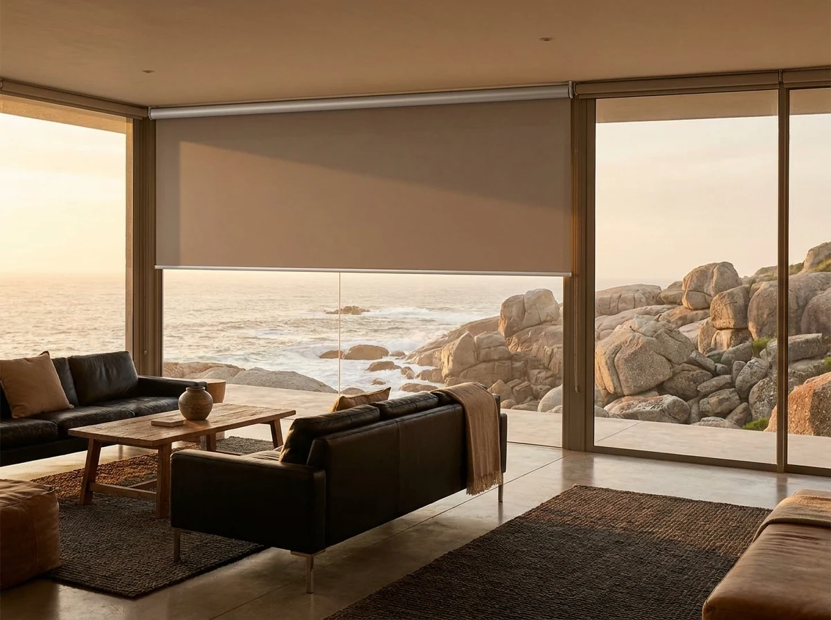 Sand-toned roller blind at half drop across a Llandudno lounge's glass wall, low golden light and the boulder shoreline beyond