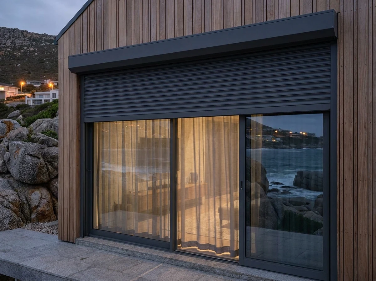 Dark aluminium roller shutter part-lowered over the sliding doors of a timber-clad Llandudno home after sunset, lights across the bay behind