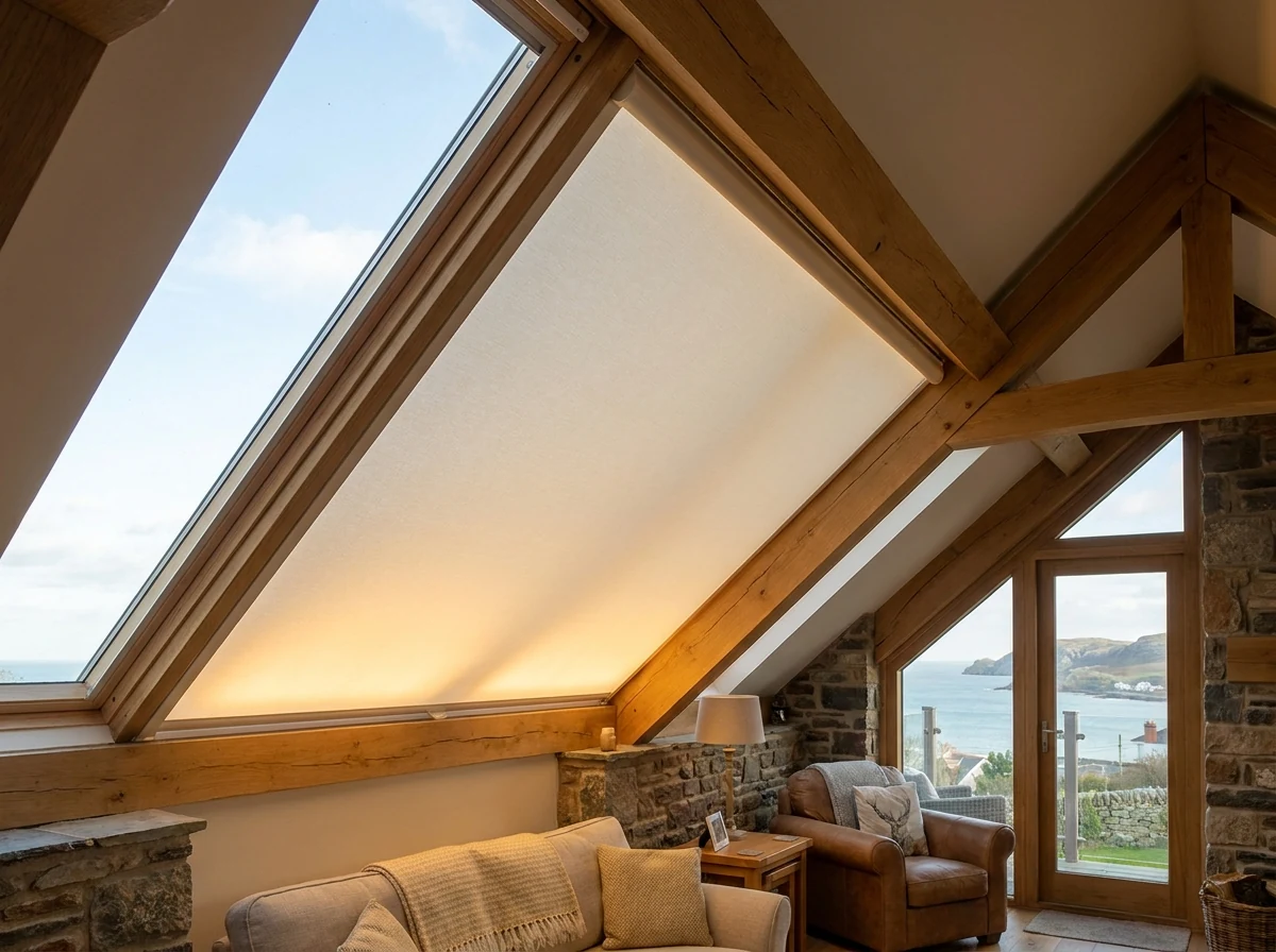 Tensioned blind held flat against the raked gable glazing of a Llandudno loft room, timber trusses and a sliver of bay beyond