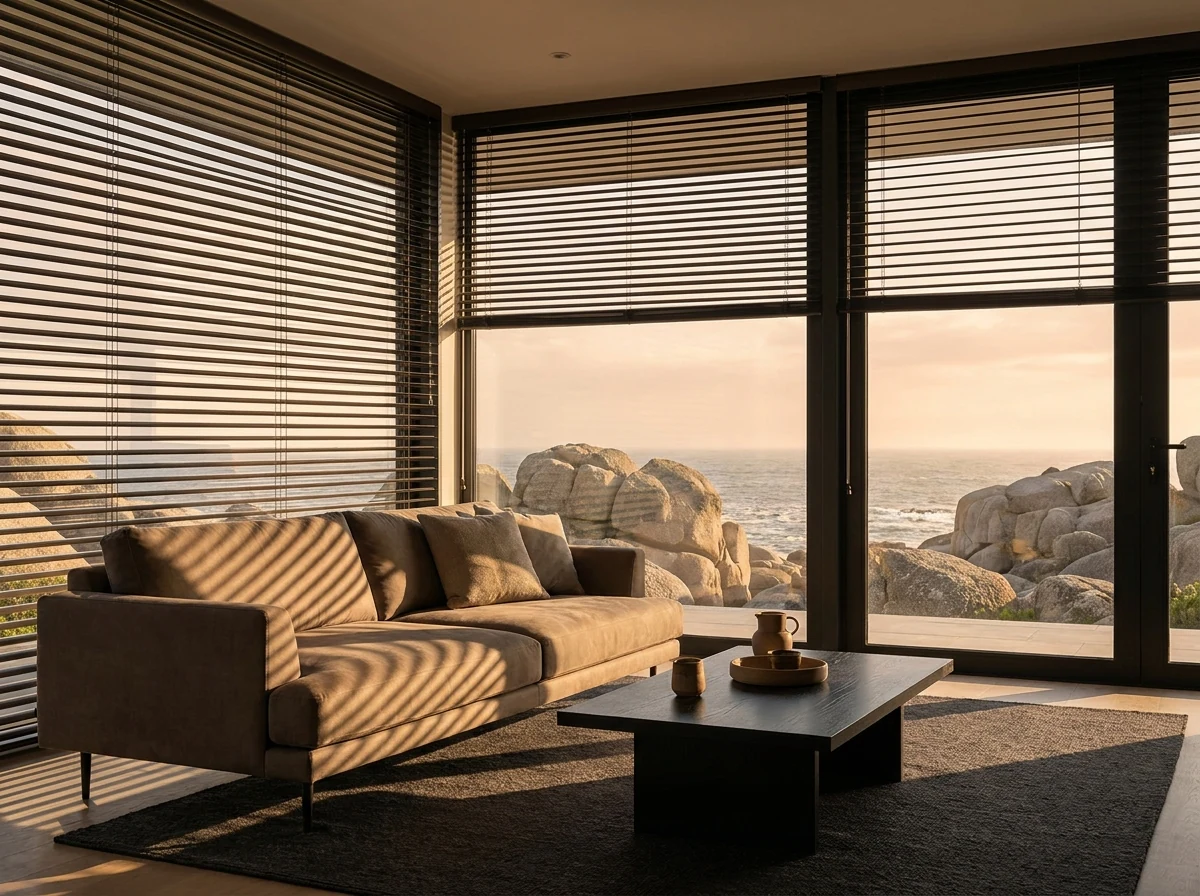 Venetian slats throwing striped late light across the sofa in a Llandudno lounge, boulders and open water past the glass