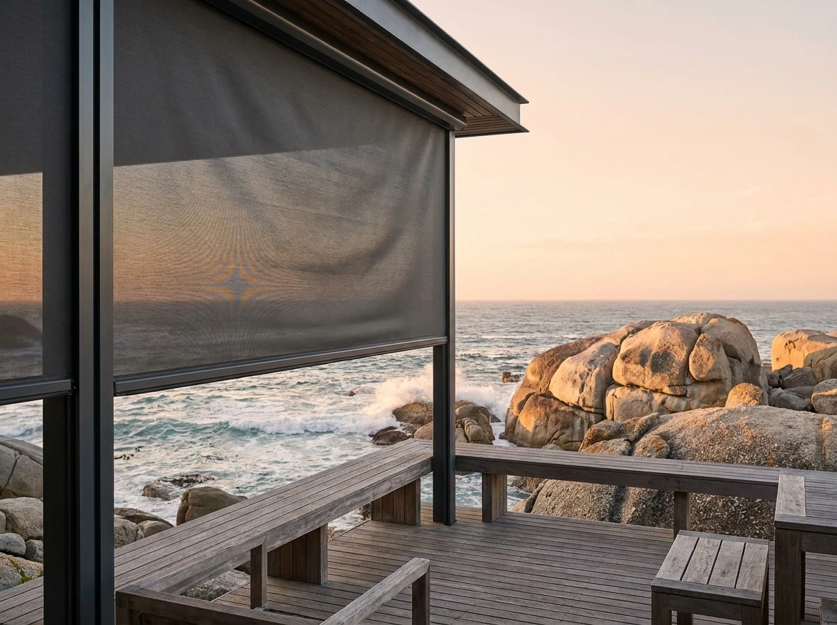Mesh zip screen run down the open edge of a Llandudno deck, benches in front of it and surf washing the boulders behind
